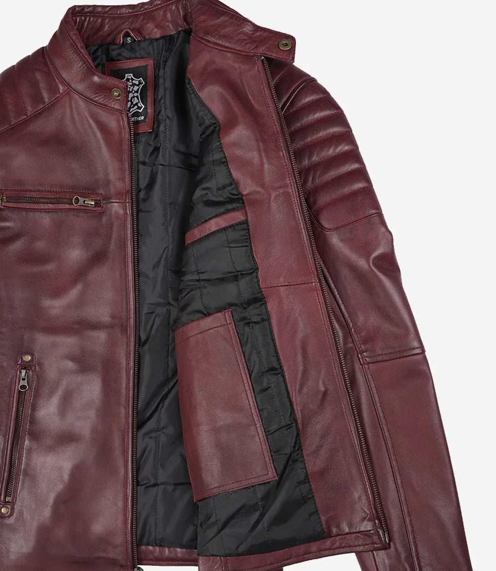 Men's Burgundy Quilted Lambskin Cafe Racer Jacket - Image 5
