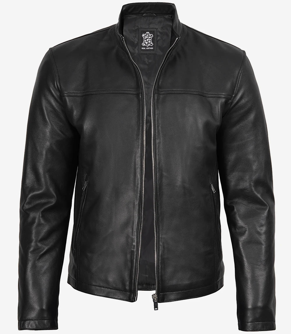 Men's Black Lambskin Cafe Racer Bomber Jacket - Image 3