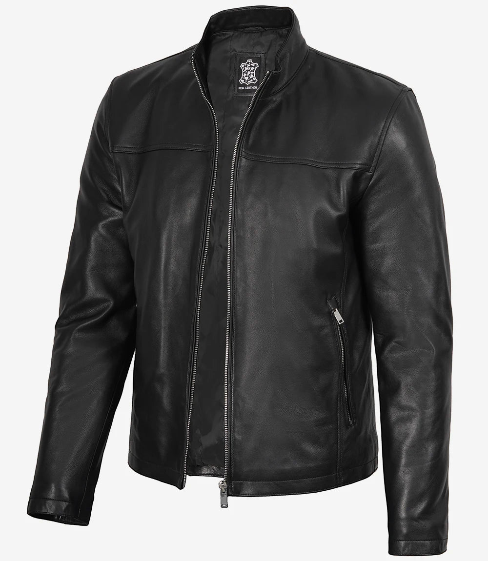 Men's Black Lambskin Cafe Racer Bomber Jacket