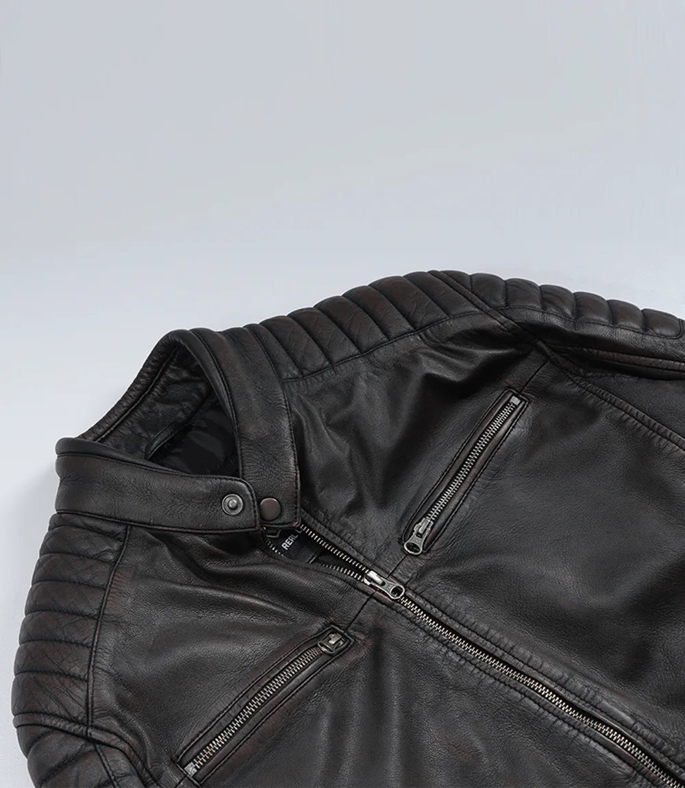 Men's Maroon Distressed Black Washed Leather Jacket - Biker Style - Image 6