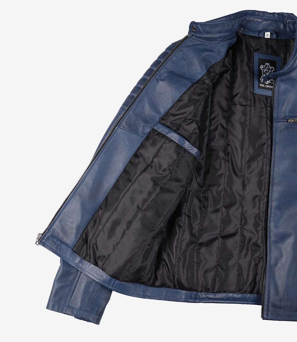 Men's Blue Quilted Lambskin Cafe Racer Jacket - Image 6