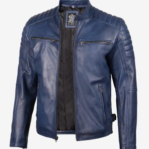 Men's Blue Quilted Lambskin Cafe Racer Jacket