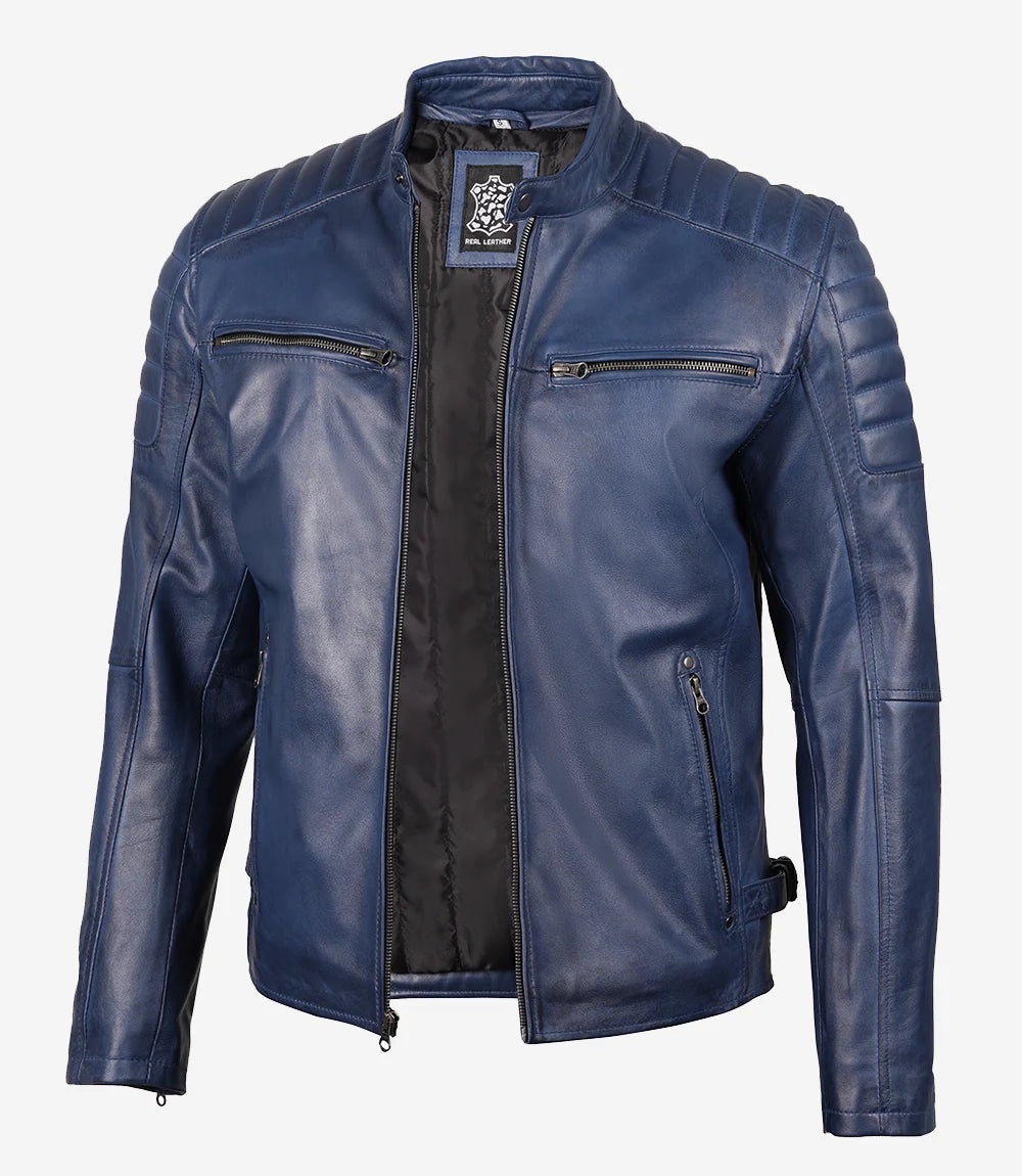 Men's Blue Quilted Lambskin Cafe Racer Jacket