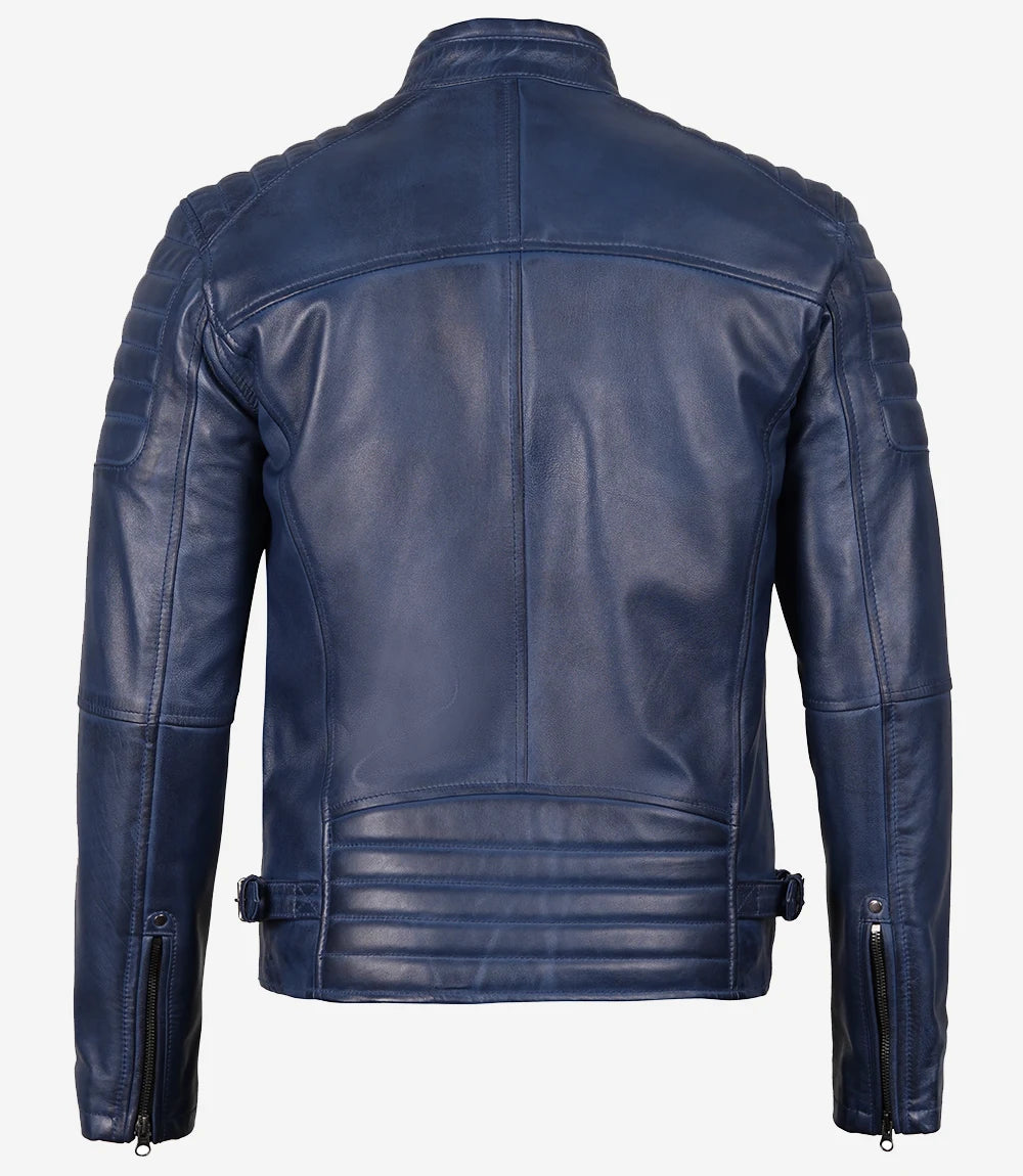 Men's Blue Quilted Lambskin Cafe Racer Jacket - Image 2