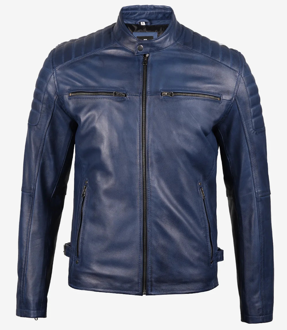 Men's Blue Quilted Lambskin Cafe Racer Jacket - Image 4