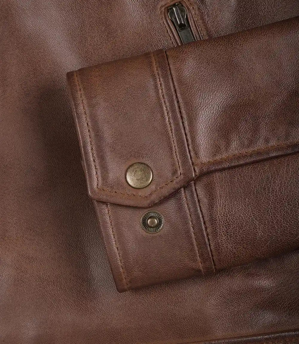 Men's Cognac Brown Harrington Leather Jacket | Buttoned-Cuff - Image 5