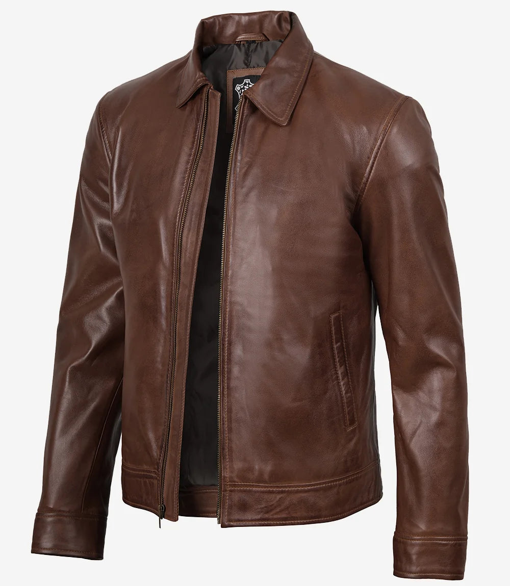 Men's Cognac Brown Harrington Leather Jacket | Buttoned-Cuff - Image 3