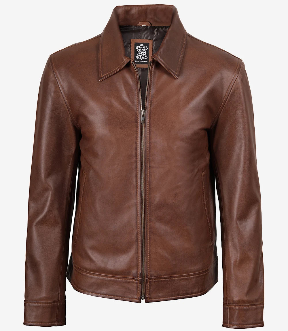 Men's Cognac Brown Harrington Leather Jacket | Shirt Collar - Image 4