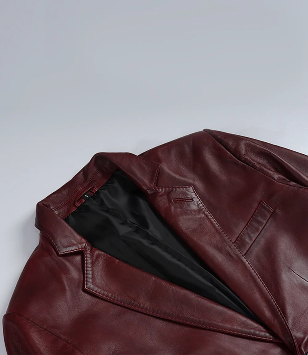 Men's Burgundy Wax Lambskin Leather Blazer - Image 6