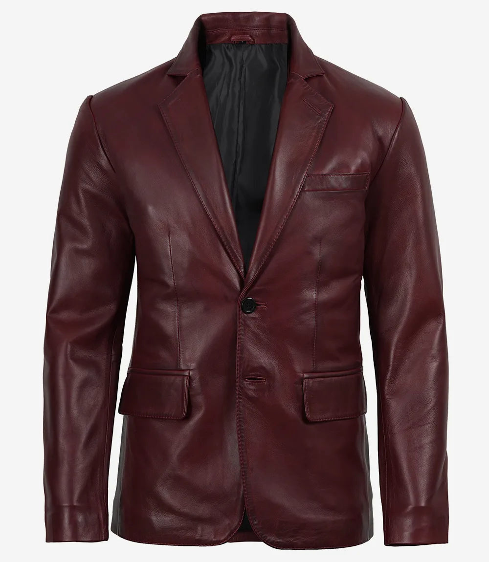 Men's Burgundy Wax Lambskin Leather Blazer - Image 4