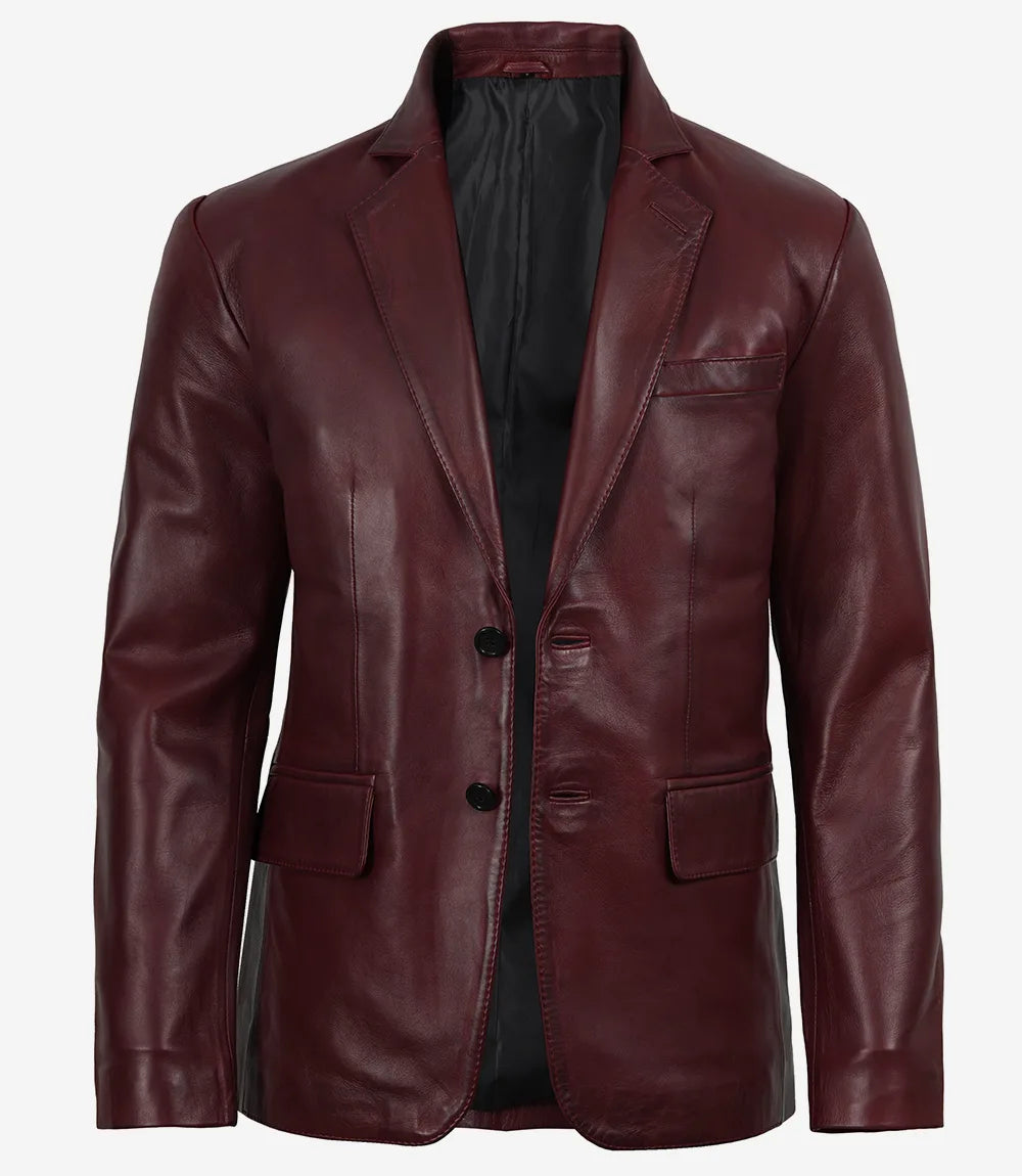 Men's Burgundy Wax Lambskin Leather Blazer - Image 3
