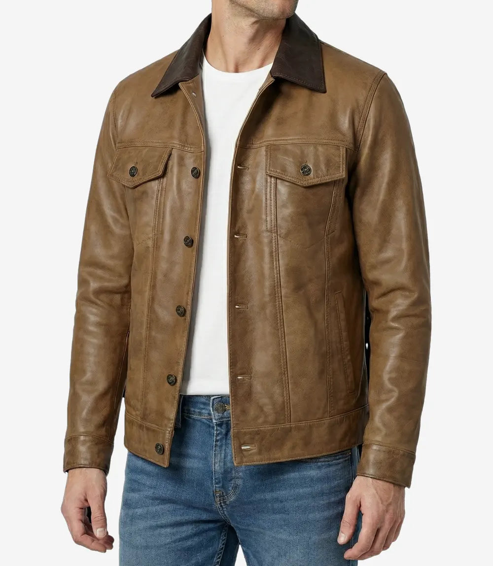 Men's Camel Wax Trucker Leather Jacket with Dark Brown Collar - Image 2