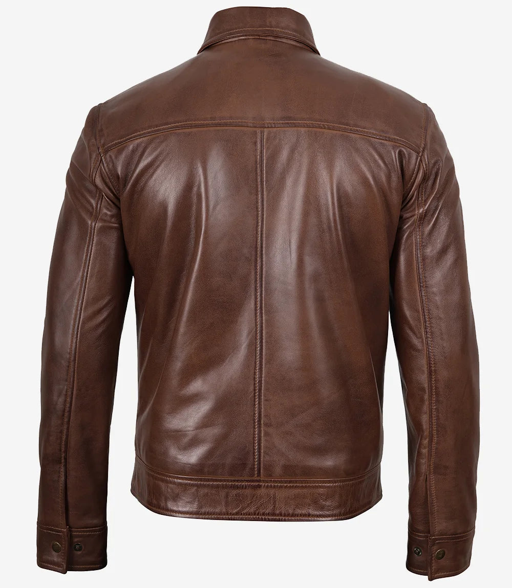 Men's Cognac Brown Harrington Leather Jacket | Buttoned-Cuff - Image 2