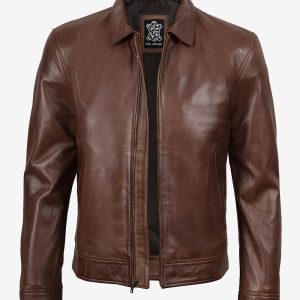 Men's Cognac Brown Harrington Leather Jacket | Buttoned-Cuff