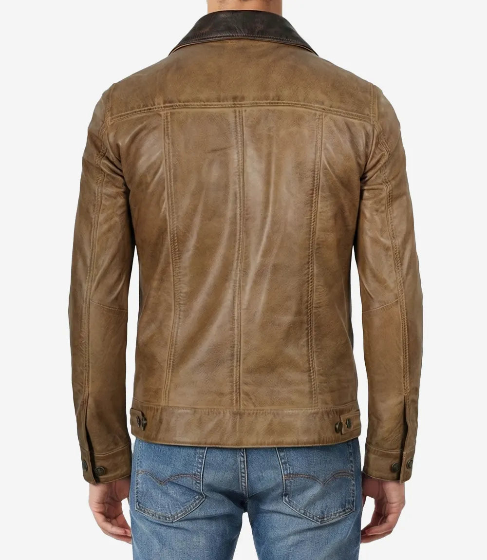 Men's Camel Wax Trucker Leather Jacket with Dark Brown Collar - Image 3