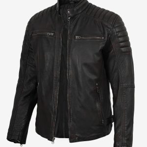 Men's Maroon Distressed Black Washed Leather Jacket - Biker Style