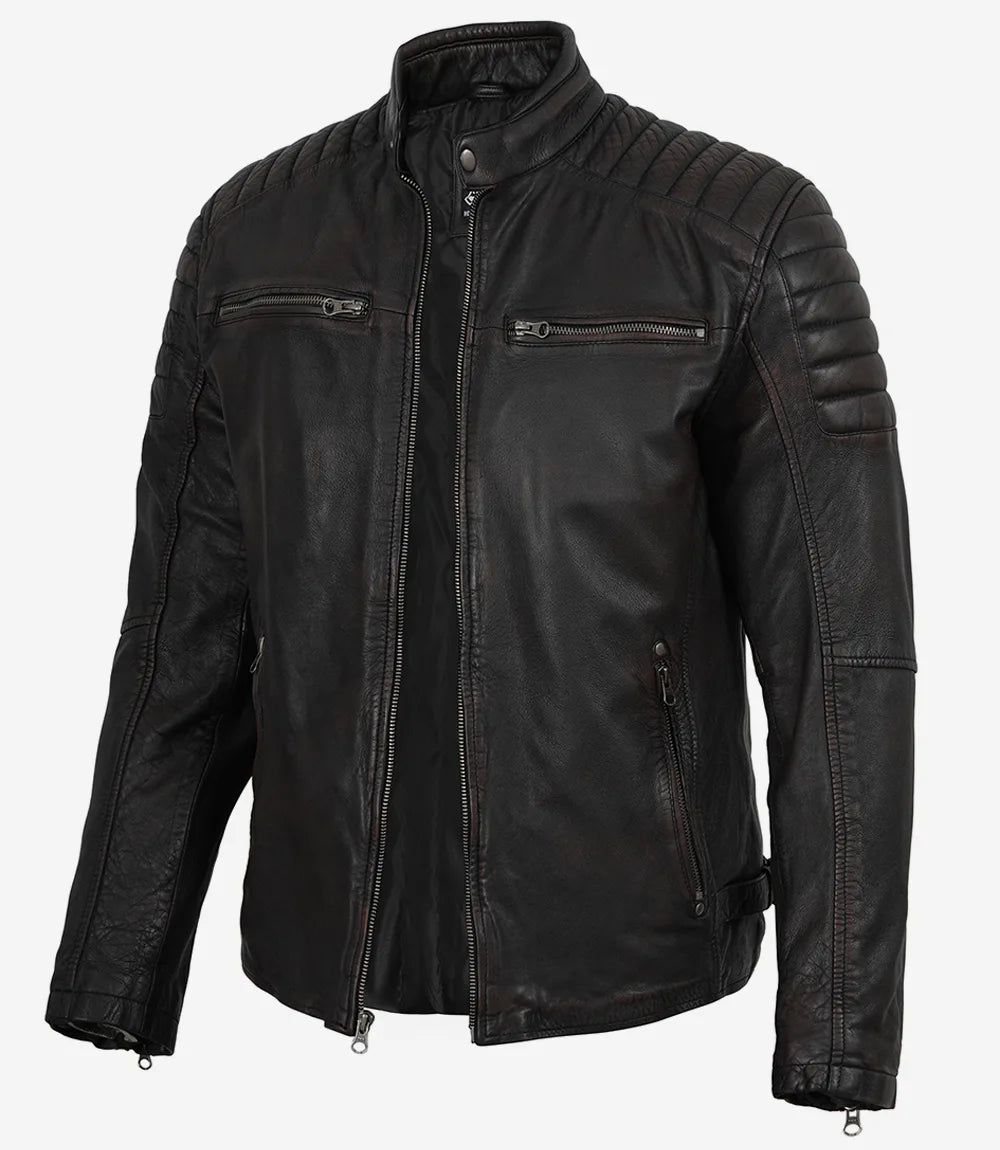 Men's Maroon Distressed Black Washed Leather Jacket - Biker Style