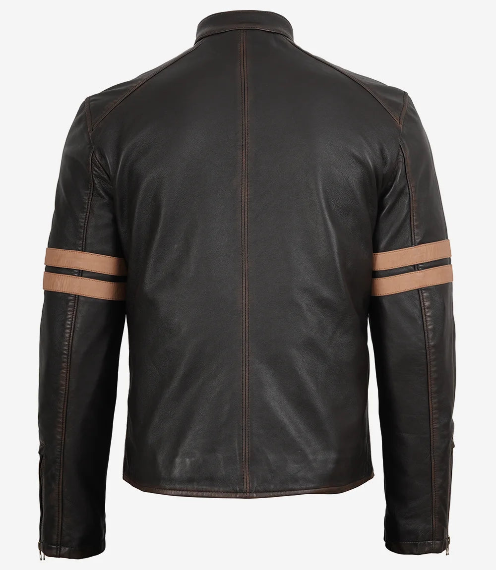 Men's Dark Brown Rub-Off Lambskin Cafe Racer Jacket with Tan Stripes - Image 2