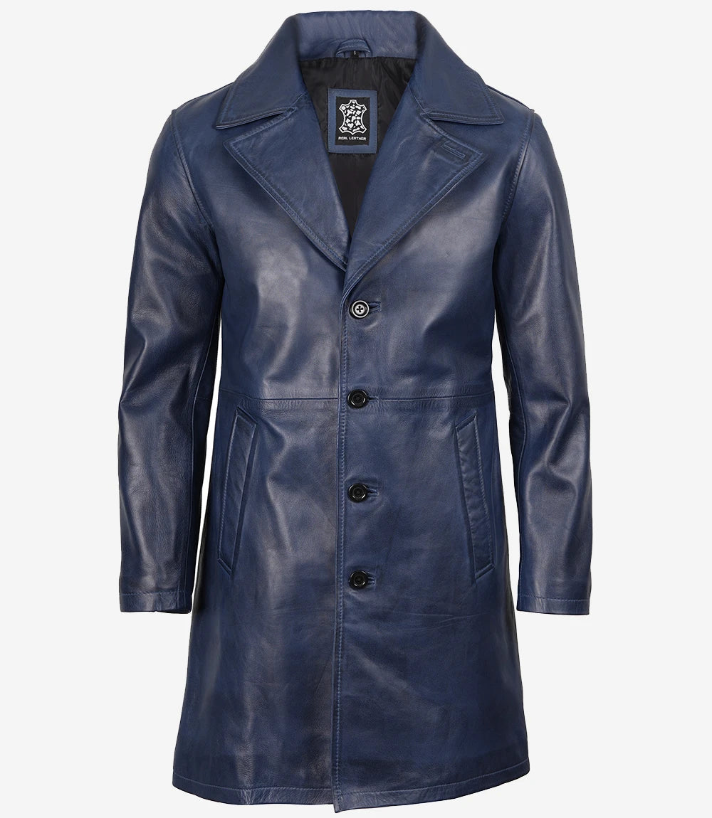 Men's Blue Wax Lambskin 3/4 Length Car Coat - Image 4