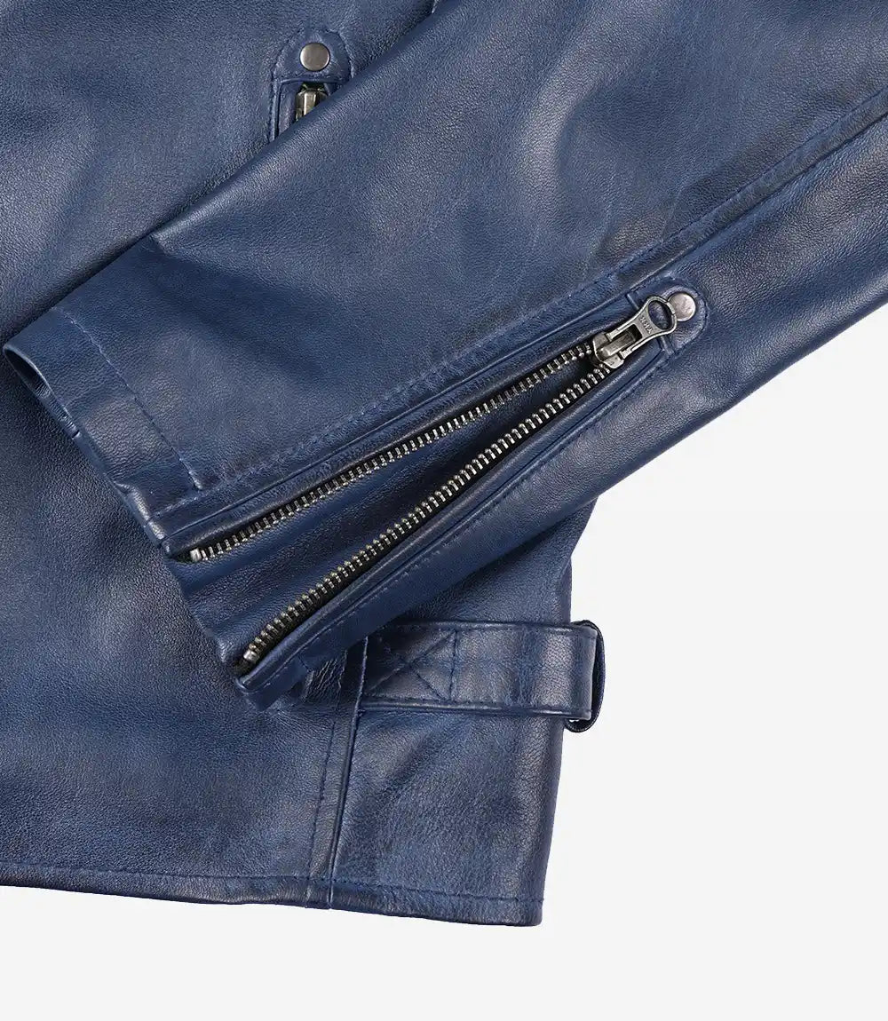 Men's Blue Quilted Lambskin Cafe Racer Jacket - Image 5