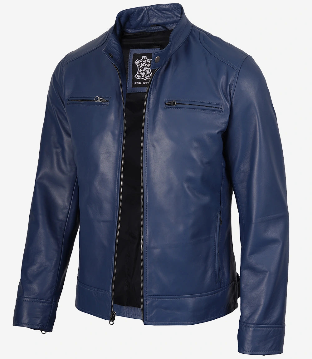 Men's Blue Lambskin Cafe Racer Jacket