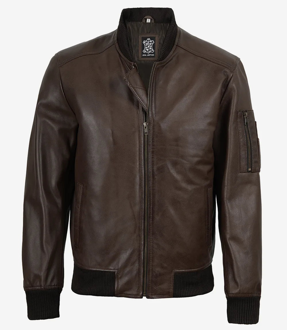 Men's Dark Brown Bomber Leather Flight Jacket - Image 3