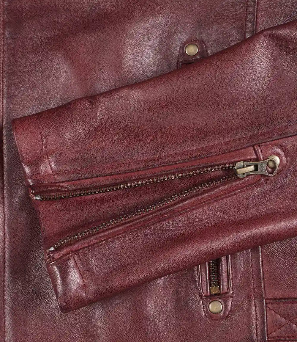 Men's Burgundy Quilted Lambskin Cafe Racer Jacket - Image 6