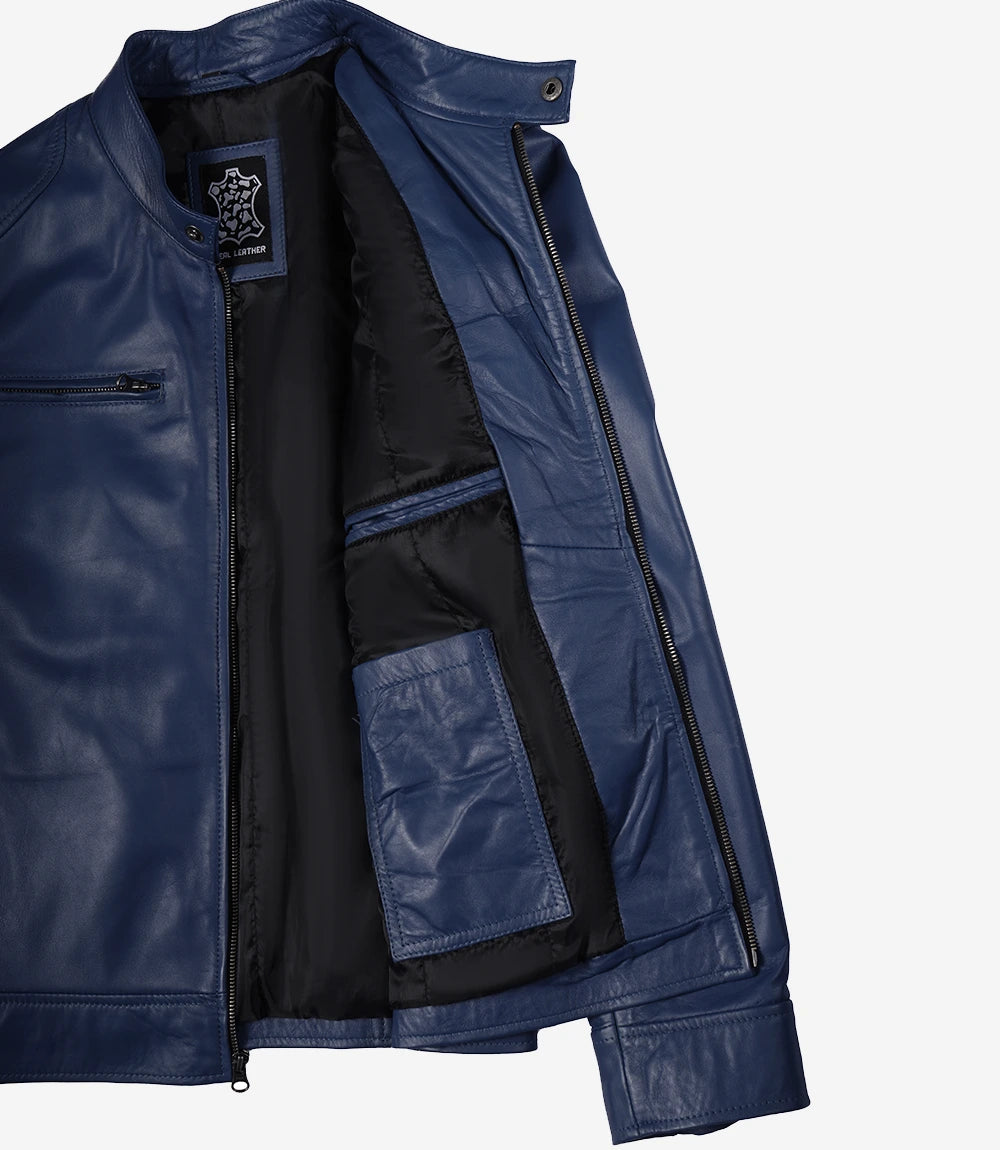 Men's Blue Lambskin Cafe Racer Jacket - Image 5
