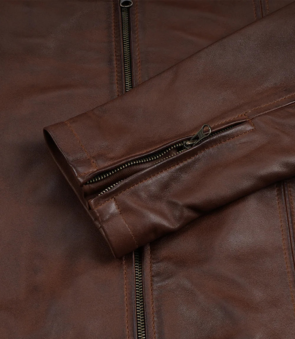 Mens Cognac Wax Cafe Racer Style Leather Jacket with Removable Hood - Image 9