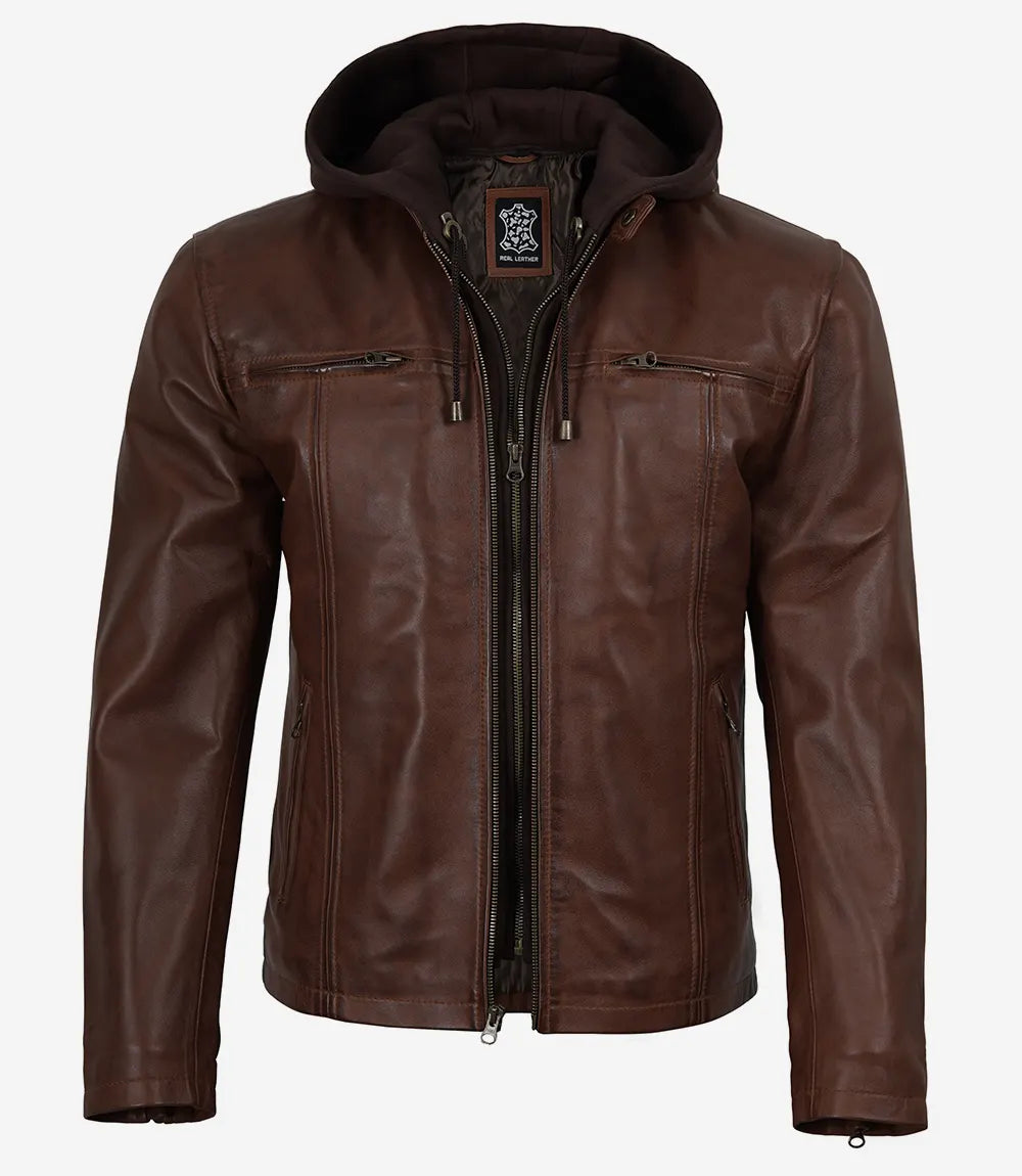 Mens Cognac Wax Cafe Racer Style Leather Jacket with Removable Hood - Image 2
