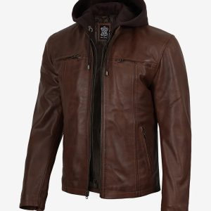 Mens Cognac Wax Cafe Racer Style Leather Jacket with Removable Hood