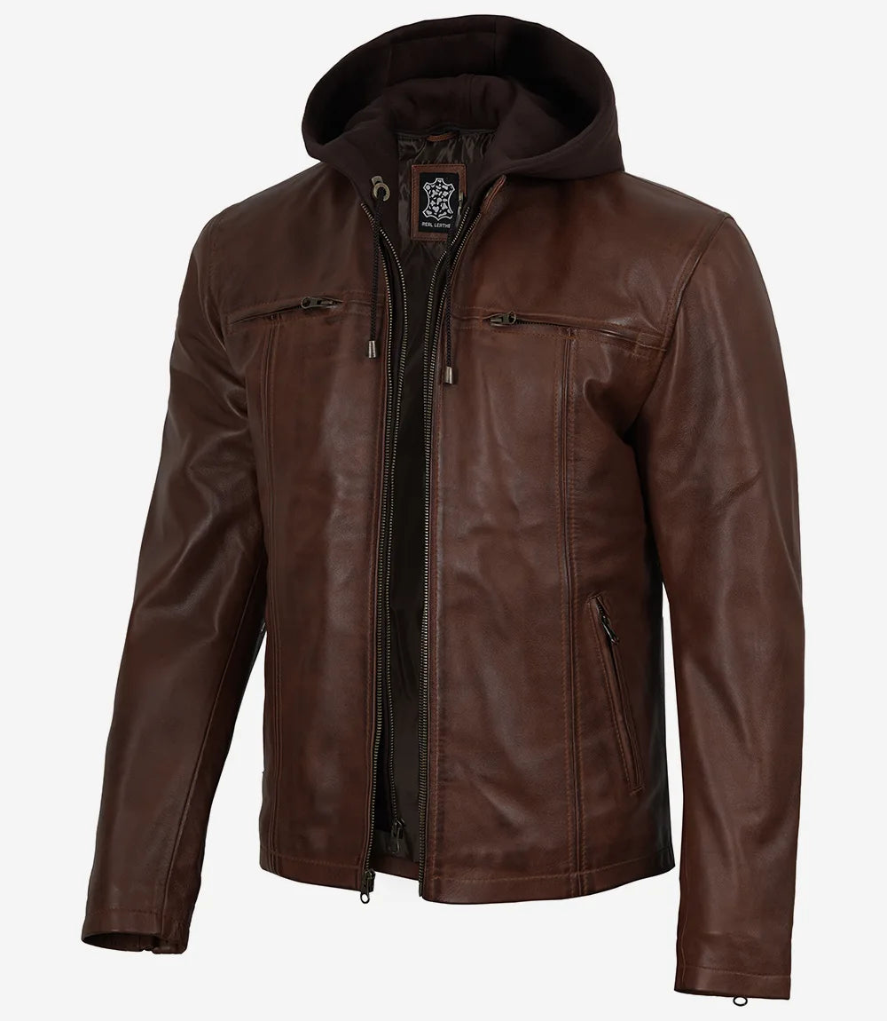 Mens Cognac Wax Cafe Racer Style Leather Jacket with Removable Hood