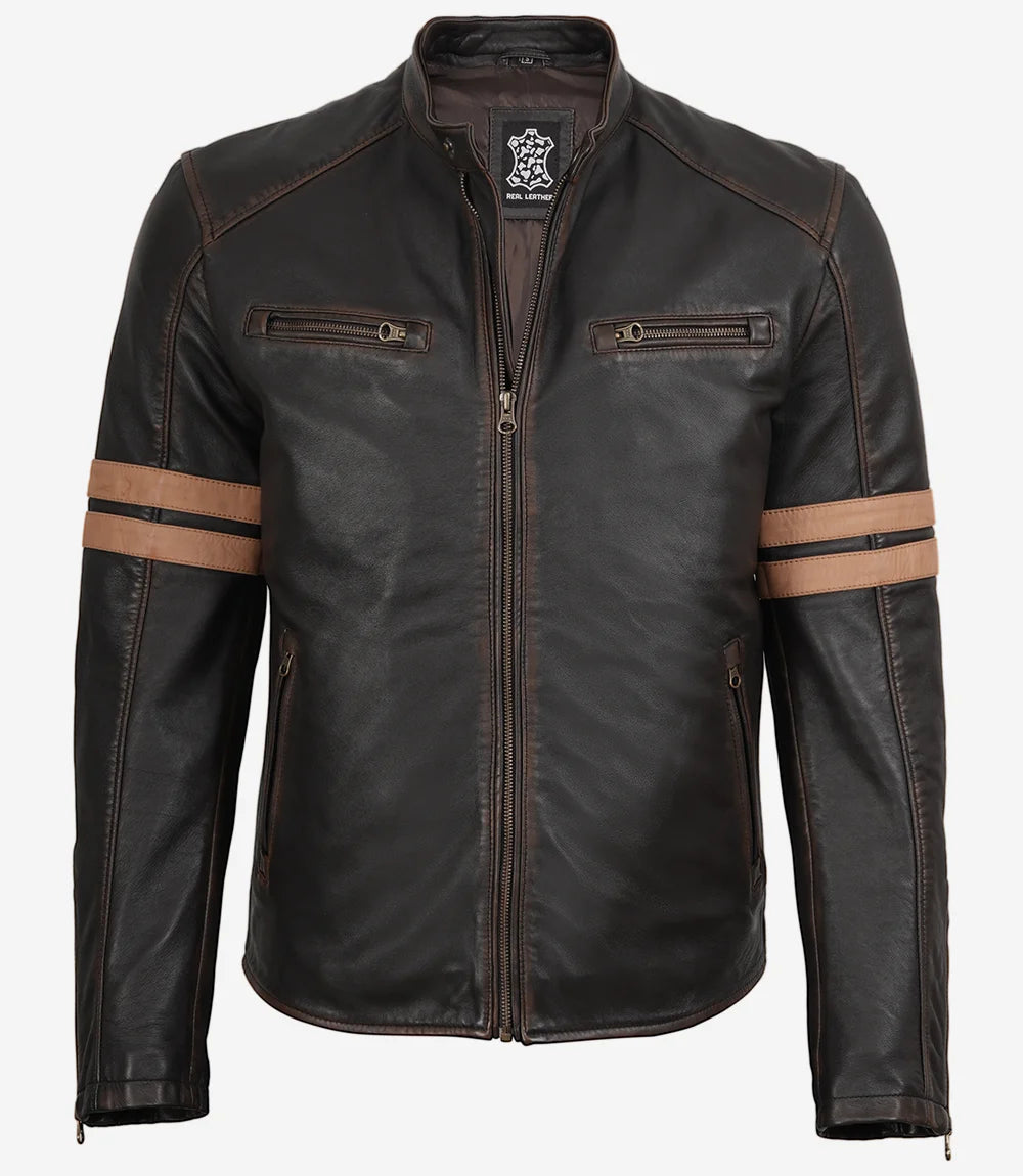 Men's Dark Brown Rub-Off Lambskin Cafe Racer Jacket with Tan Stripes - Image 4