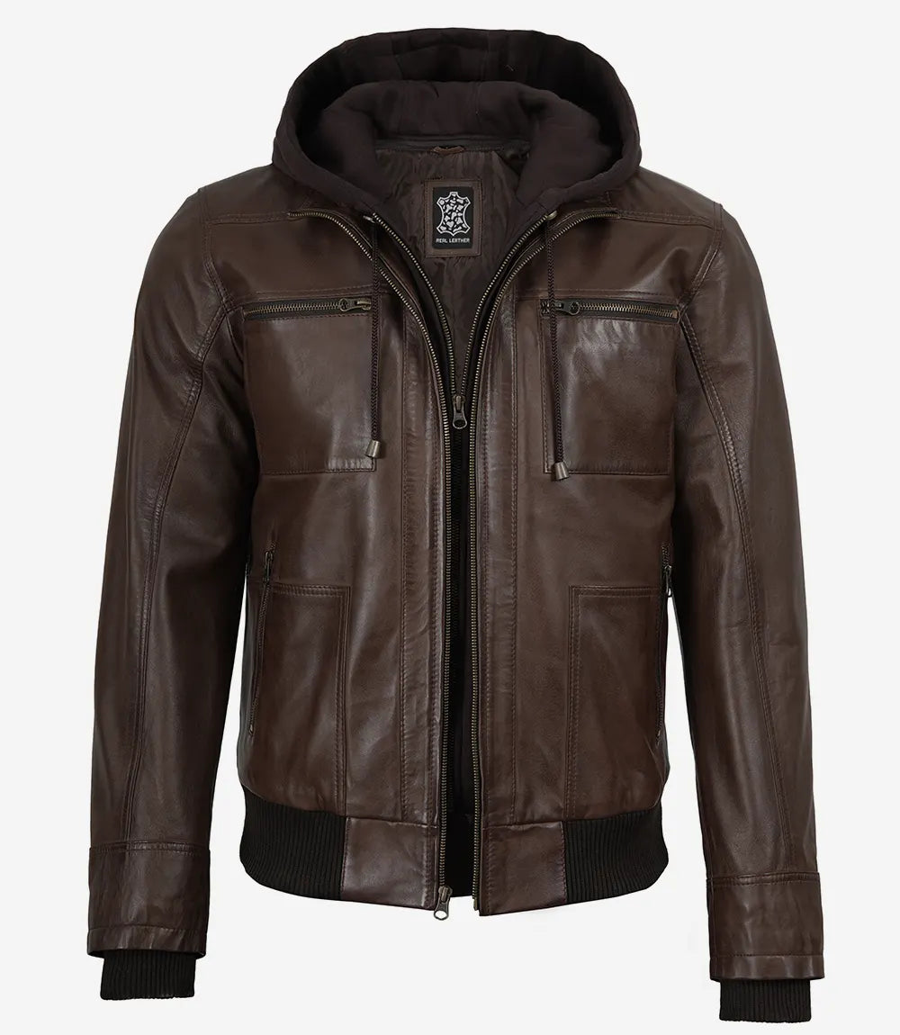 Men's Dark Brown Bomber Leather Jacket With Removable Hood - Image 2