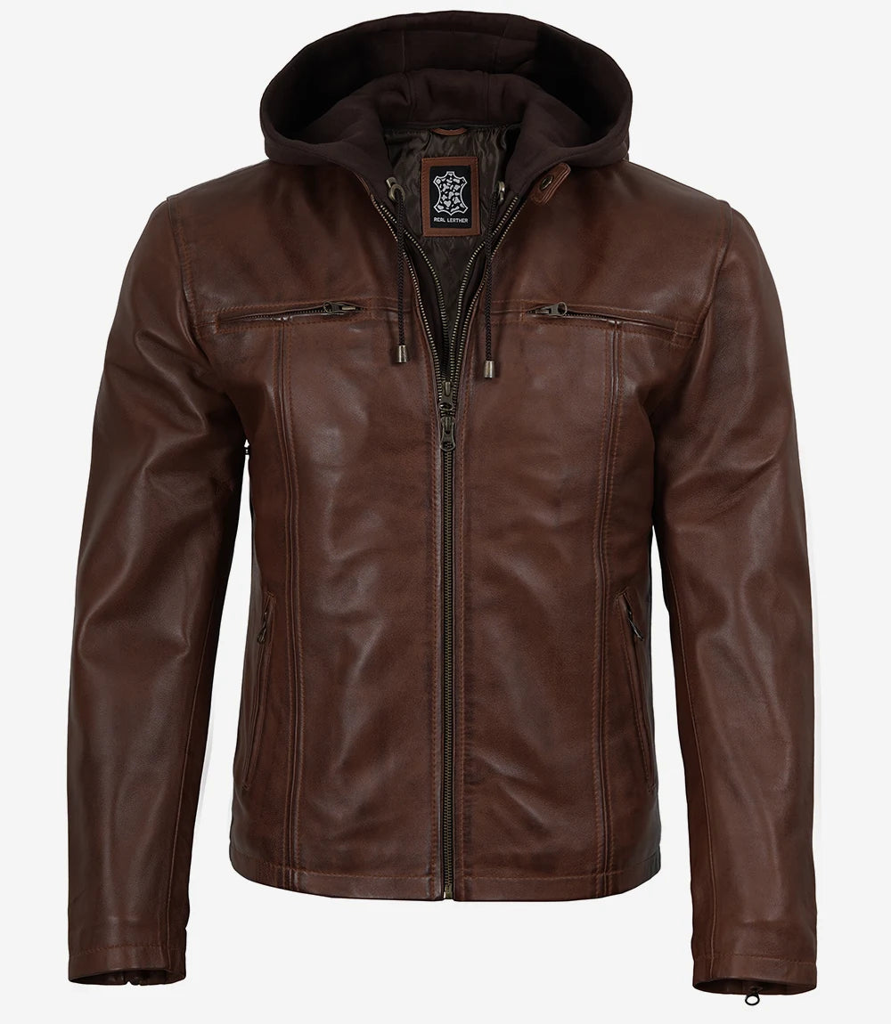 Mens Cognac Wax Cafe Racer Style Leather Jacket with Removable Hood - Image 3