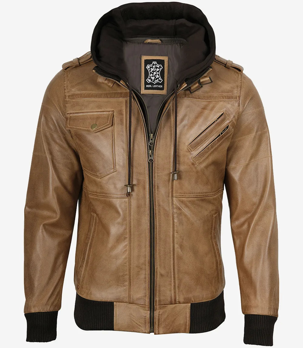 Men's Camel Brown Lambskin Bomber Jacket with Removable Hood - Image 7
