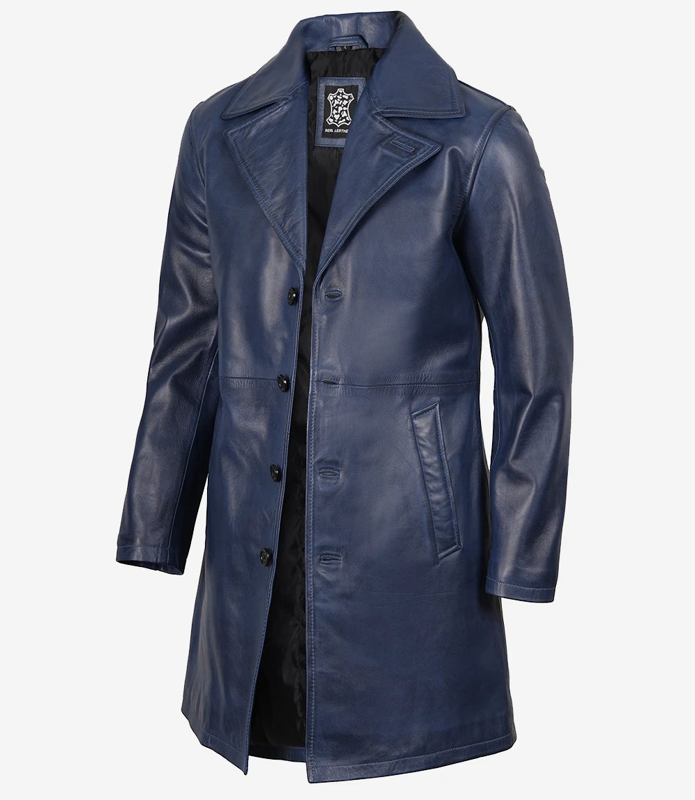Men's Blue Wax Lambskin 3/4 Length Car Coat