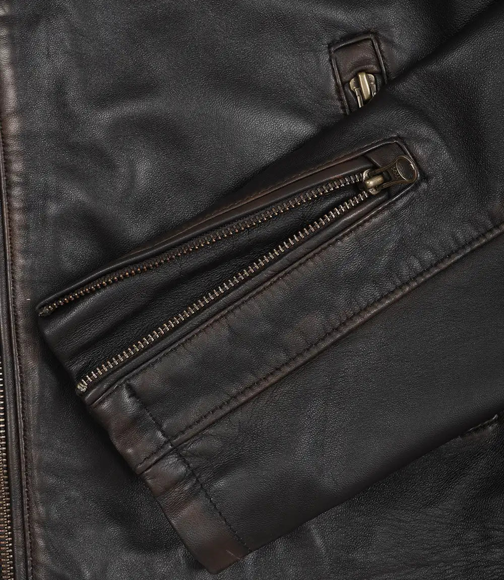 Men's Dark Brown Rub-Off Lambskin Cafe Racer Jacket with Tan Stripes - Image 6
