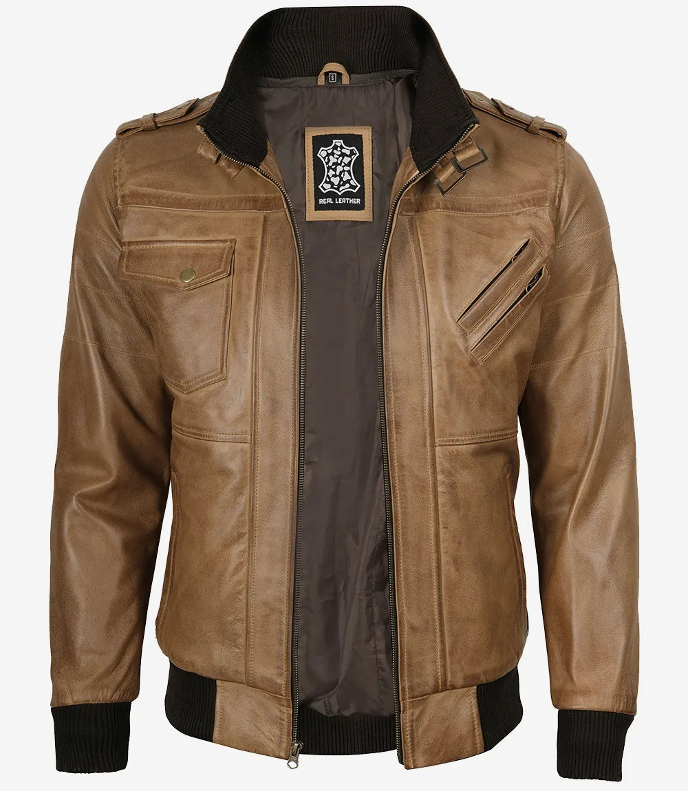 Men's Camel Brown Lambskin Bomber Jacket with Removable Hood - Image 4