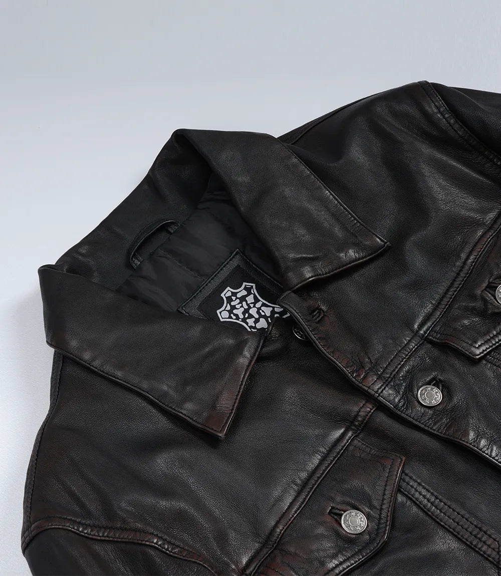 Men's Maroon Distressed Black-Washed Lambskin Trucker Jacket - Image 6