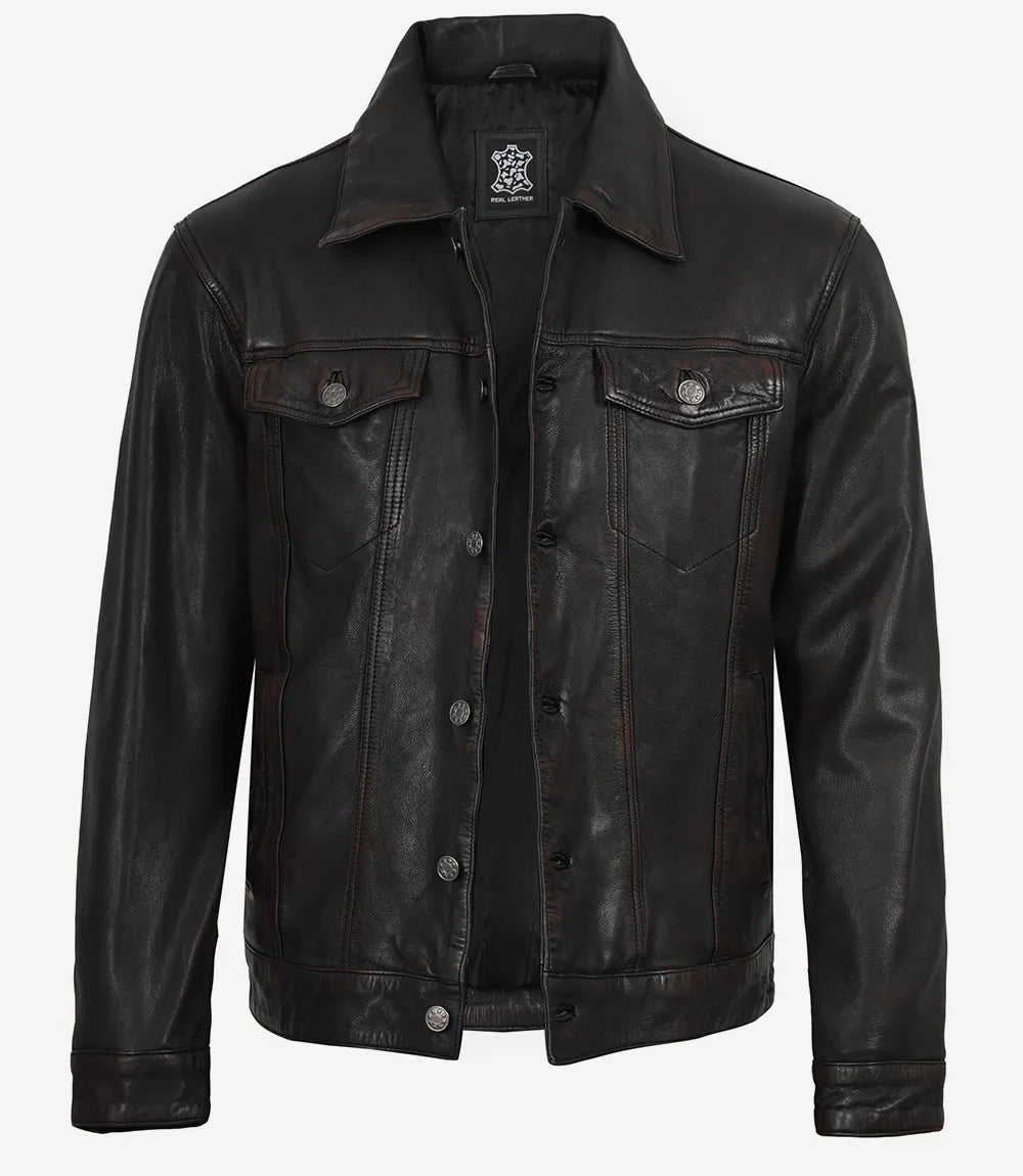Men's Maroon Distressed Black-Washed Lambskin Trucker Jacket - Image 3