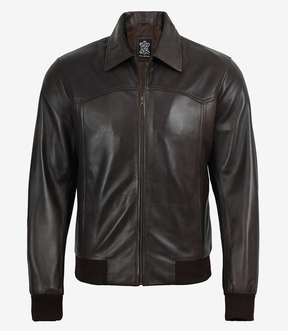 Men's Vintage Brown Harrington Bomber Leather Jacket - Image 3