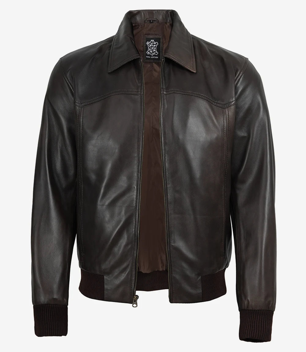 Men's Vintage Brown Harrington Bomber Leather Jacket - Image 2