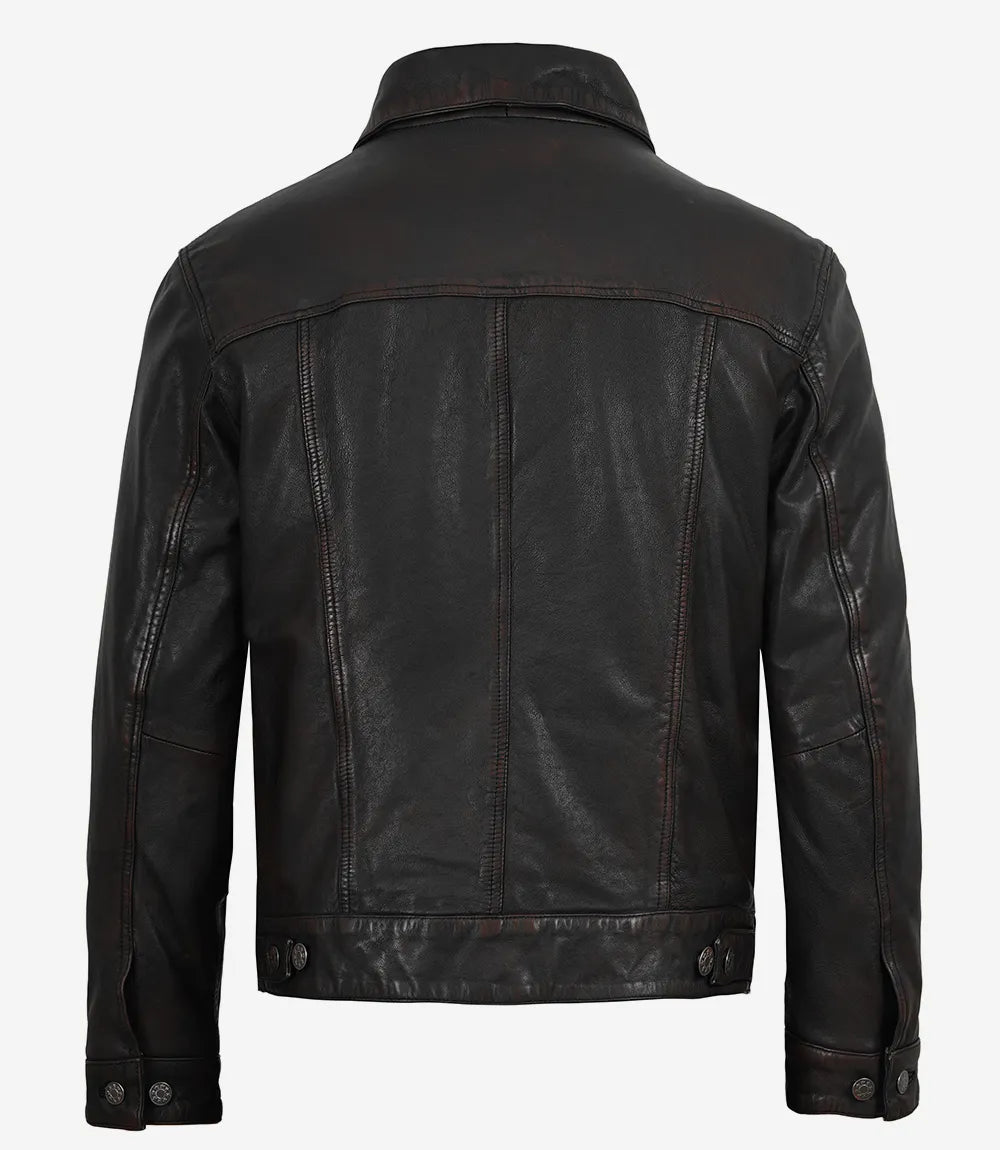 Men's Maroon Distressed Black-Washed Lambskin Trucker Jacket - Image 2