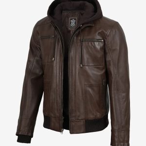 Men's Dark Brown Bomber Leather Jacket With Removable Hood