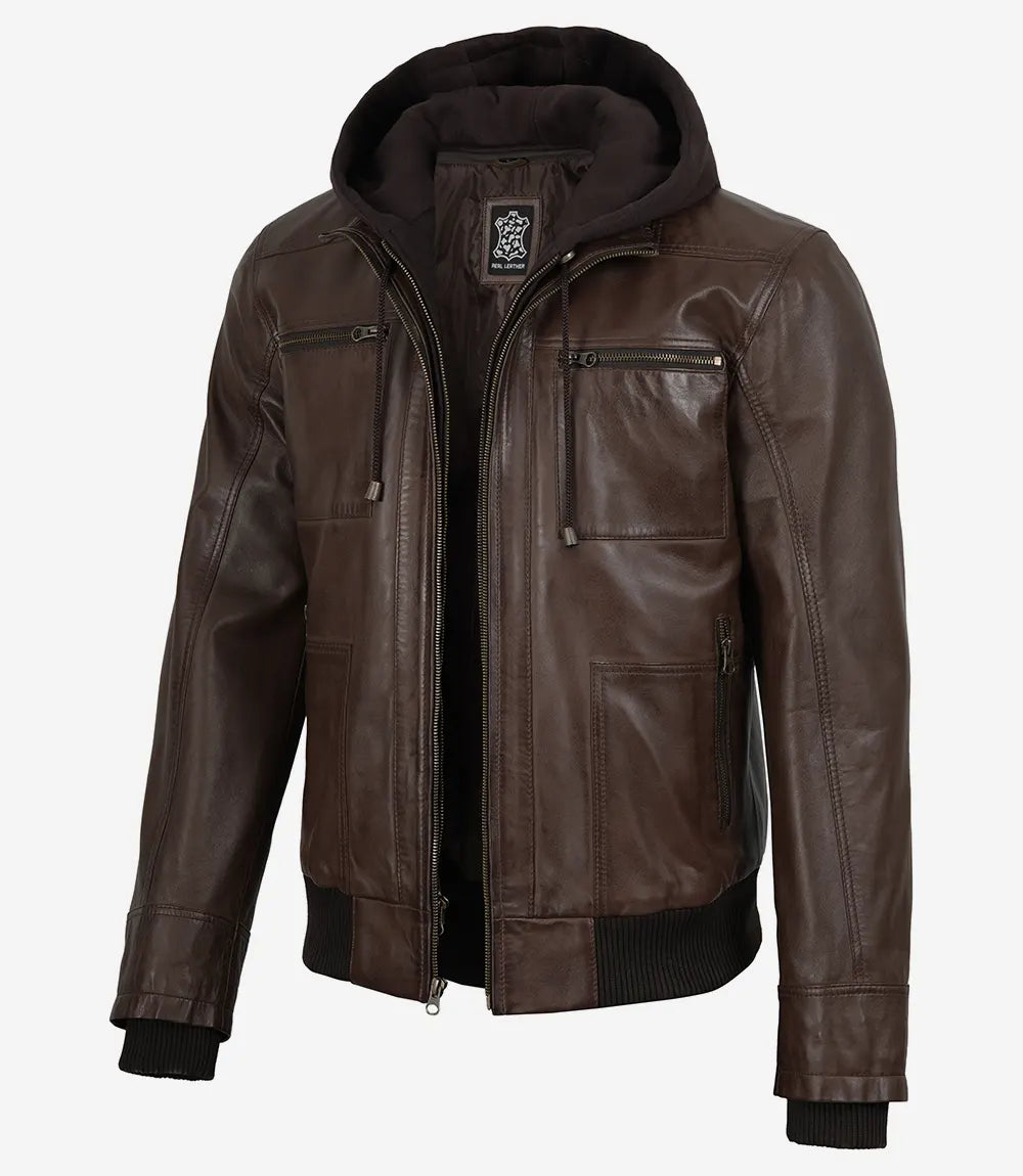 Men's Dark Brown Bomber Leather Jacket With Removable Hood