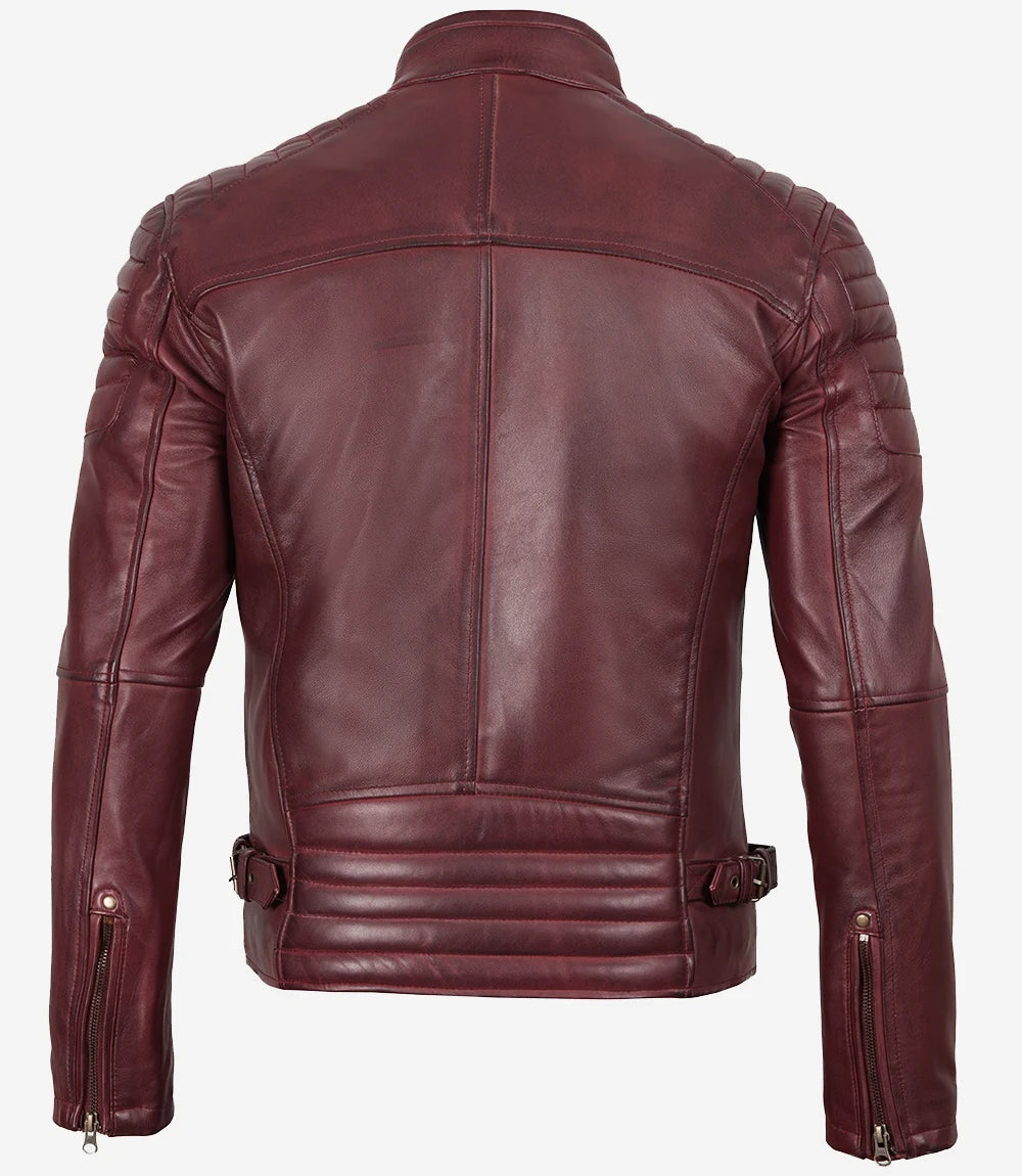 Men's Burgundy Quilted Lambskin Cafe Racer Jacket - Image 2