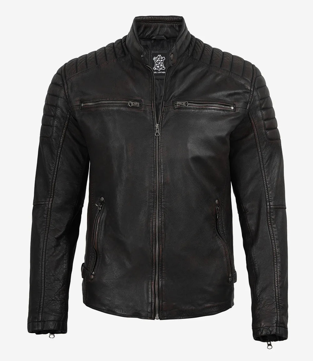 Men's Maroon Distressed Black Washed Leather Jacket - Biker Style - Image 3