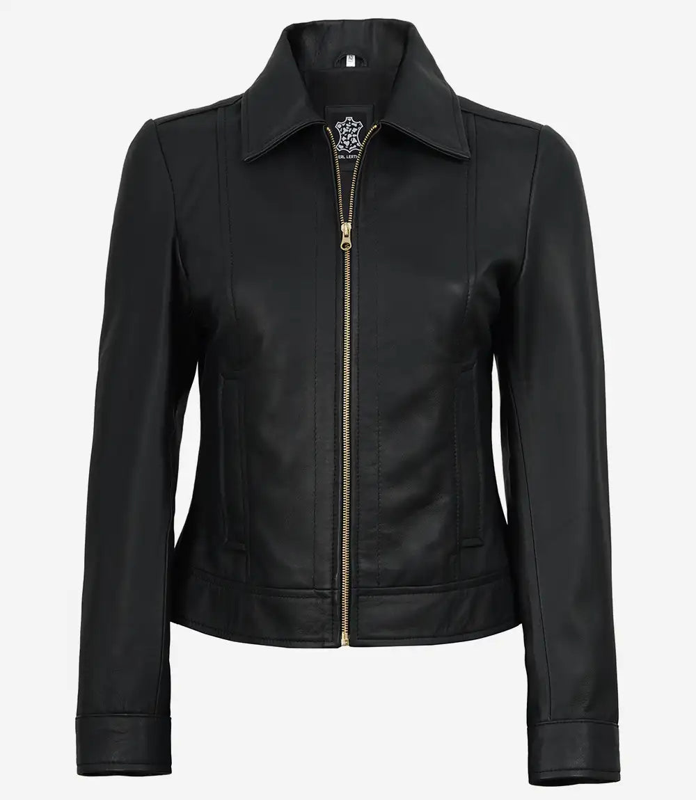 Women's Black Lambskin Harrington Jacket — Gold Hardware & Accents - Image 4