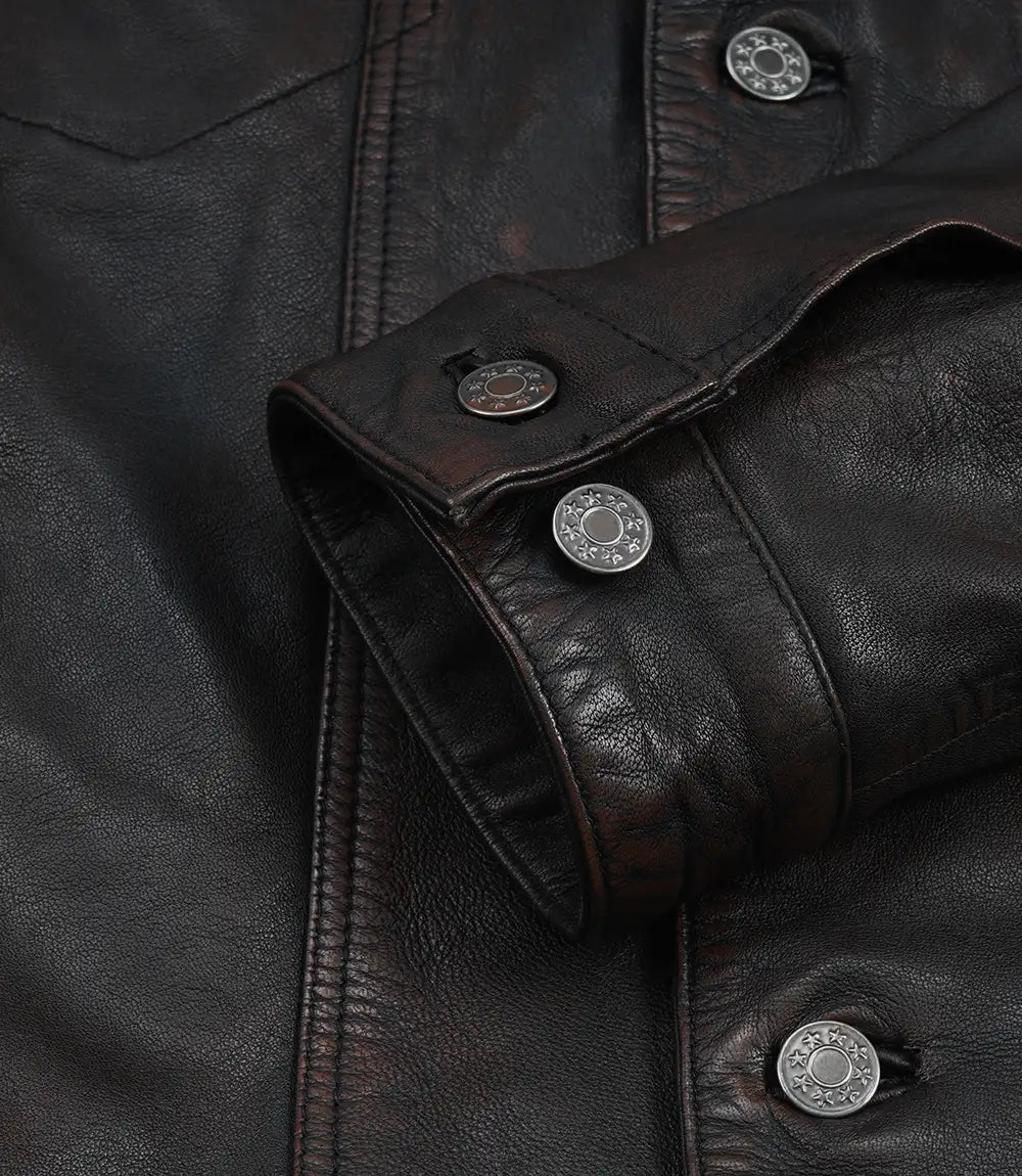 Men's Maroon Distressed Black-Washed Lambskin Trucker Jacket - Image 5